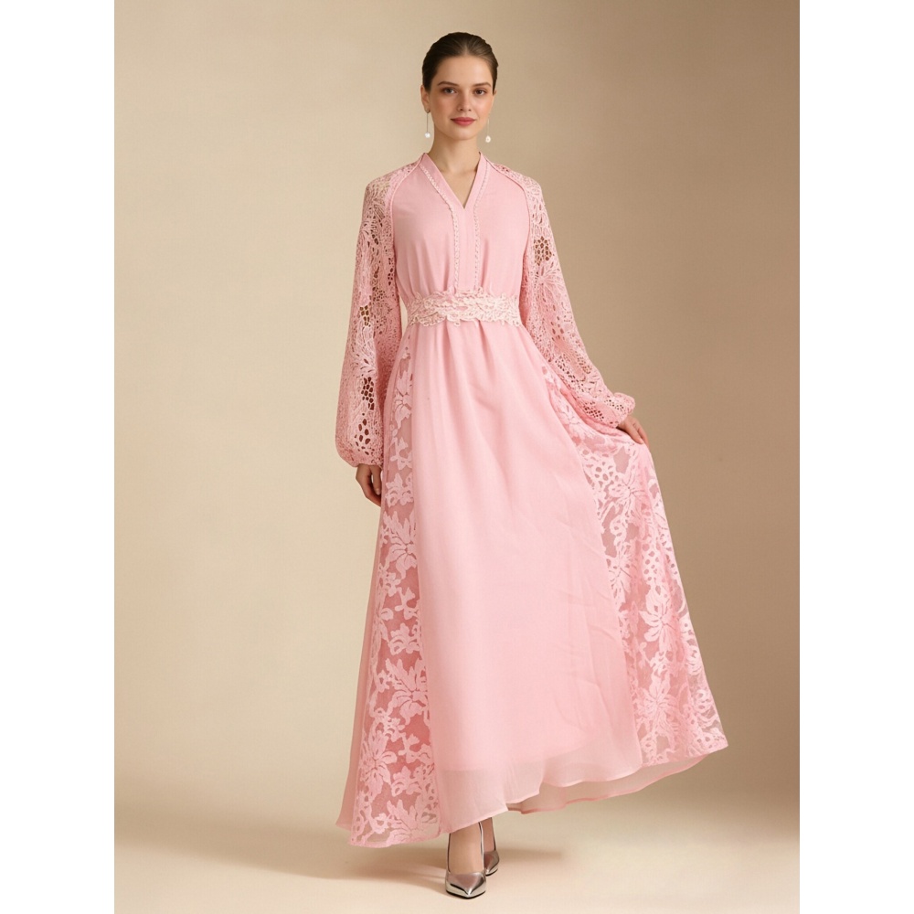 Lace vacation elegant style V-neck lantern sleeve dress