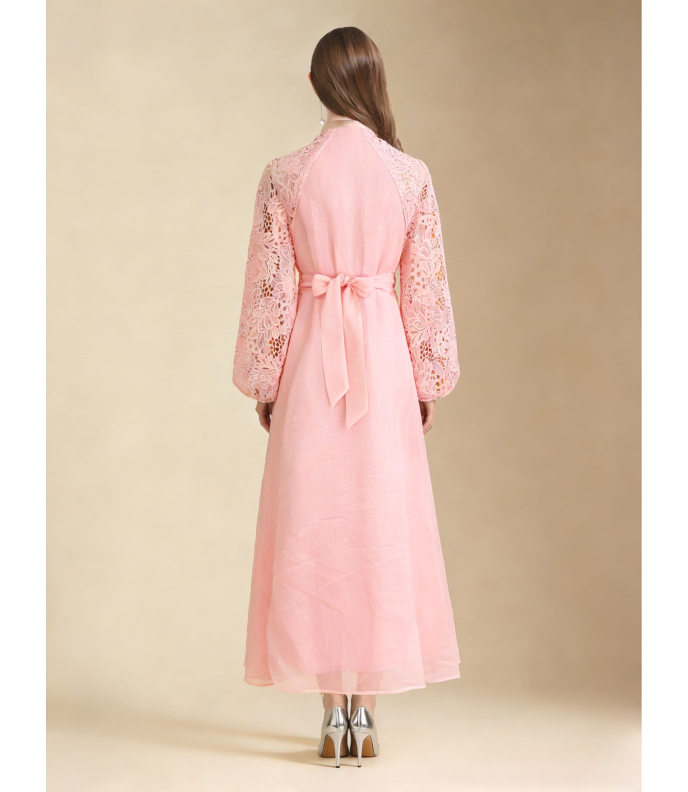 Lace vacation elegant style V-neck lantern sleeve dress