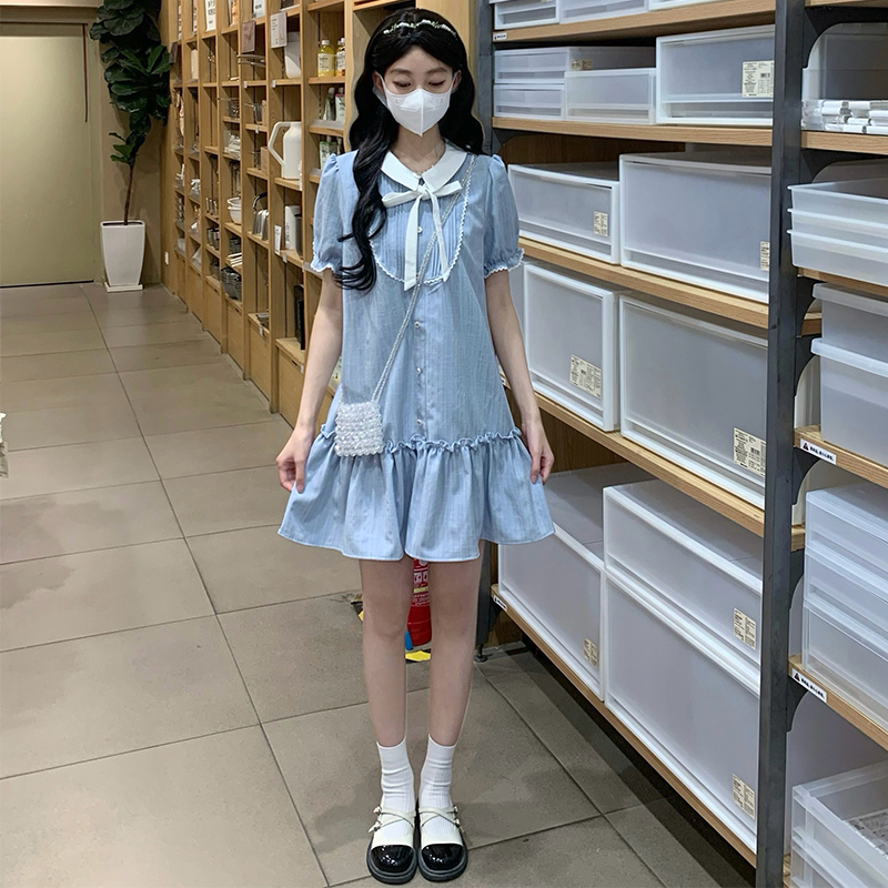 Doll collar temperament blue small fellow show young dress