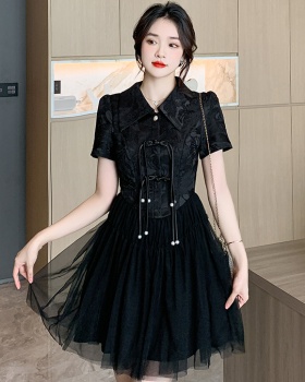 Pearl gauze splice cheongsam Chinese style jacquard dress