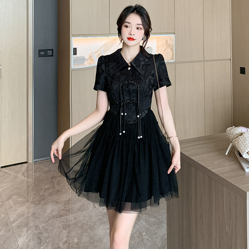 Pearl gauze splice cheongsam Chinese style jacquard dress