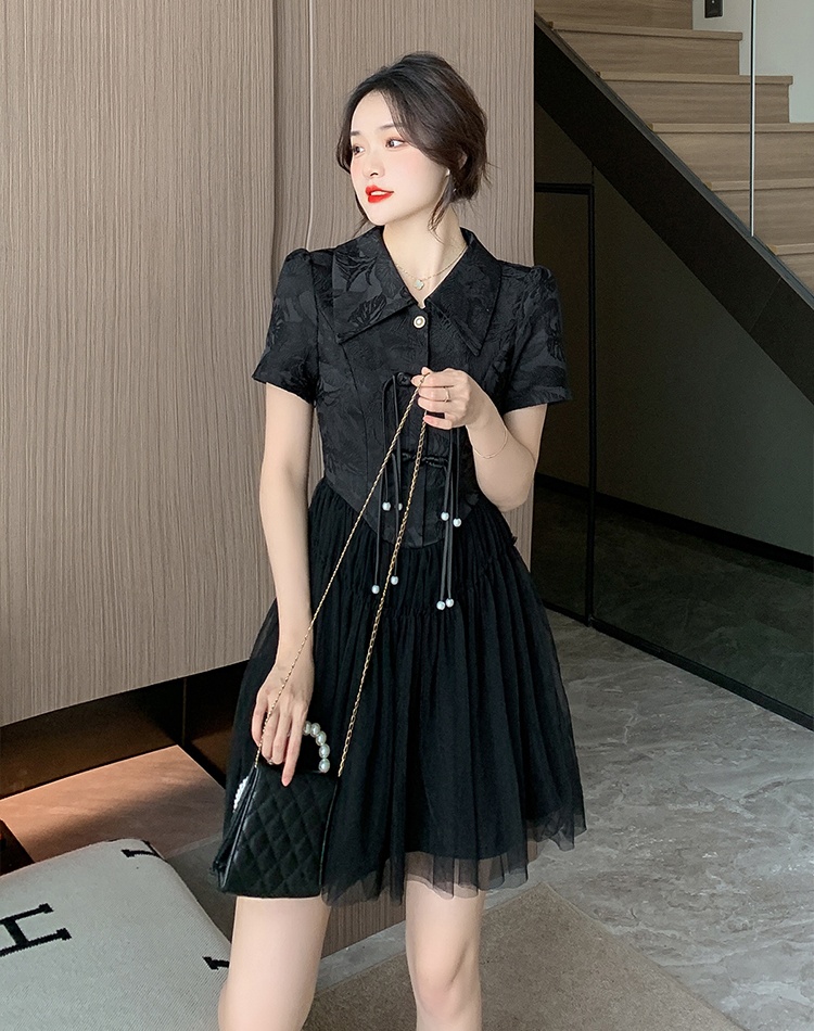 Pearl gauze splice cheongsam Chinese style jacquard dress
