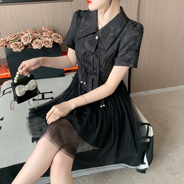 Pearl gauze splice cheongsam Chinese style jacquard dress