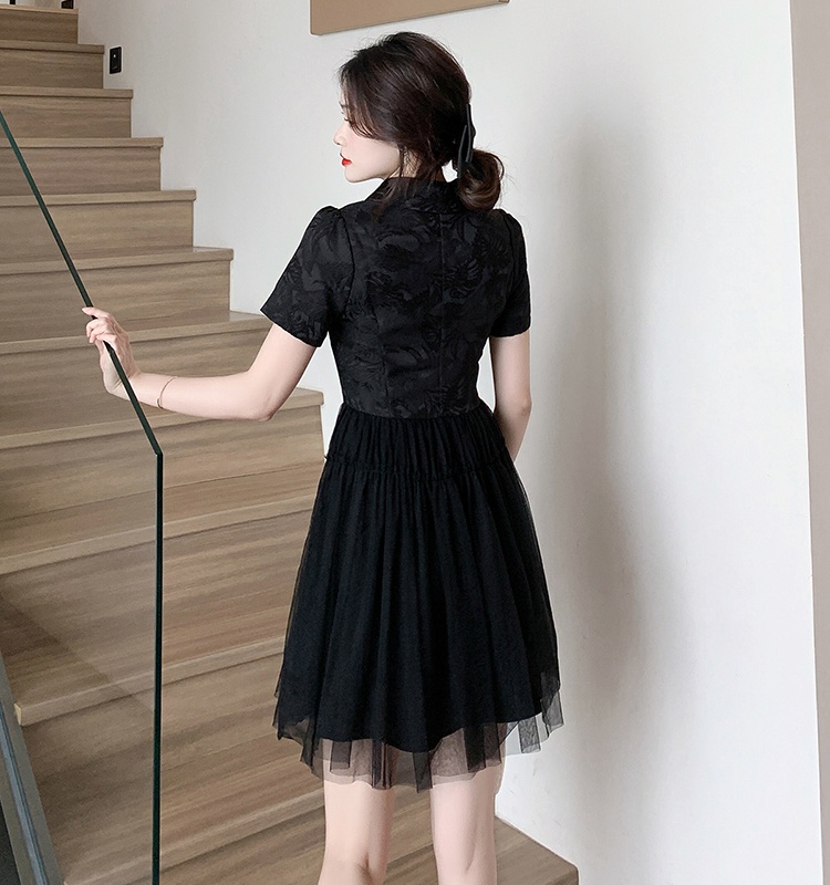 Pearl gauze splice cheongsam Chinese style jacquard dress