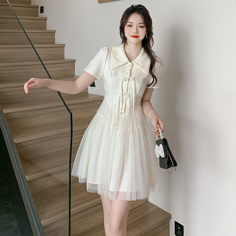 Pearl gauze splice cheongsam Chinese style jacquard dress