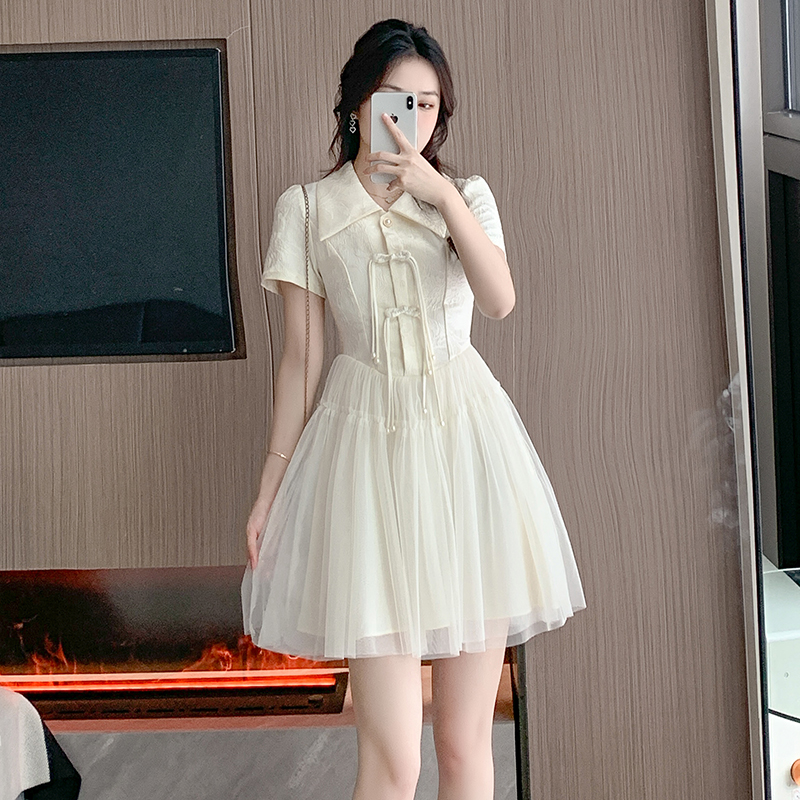 Pearl gauze splice cheongsam Chinese style jacquard dress