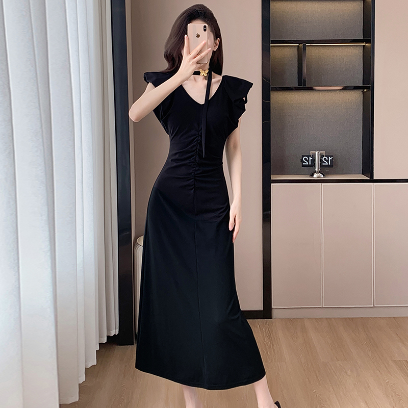 V-neck butterfly fold summer elegant halter temperament dress