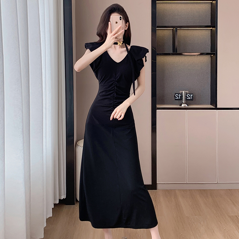 V-neck butterfly fold summer elegant halter temperament dress