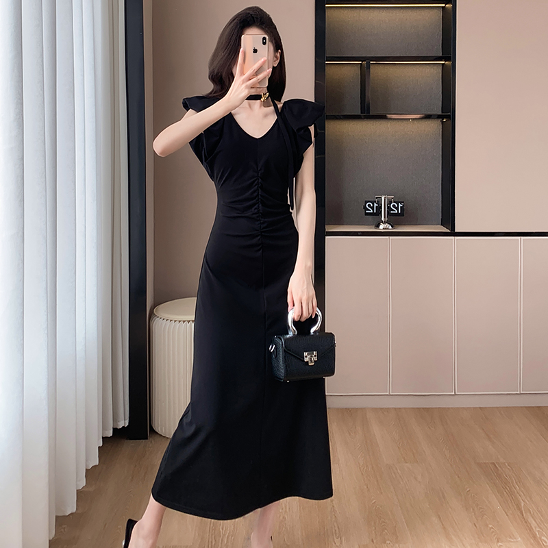 V-neck butterfly fold summer elegant halter temperament dress