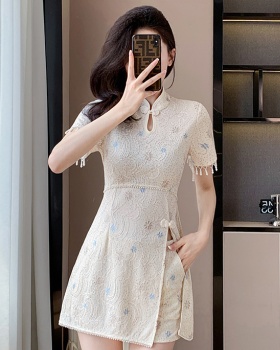 Fashion lace pearl cheongsam summer tassels shorts 2pcs set