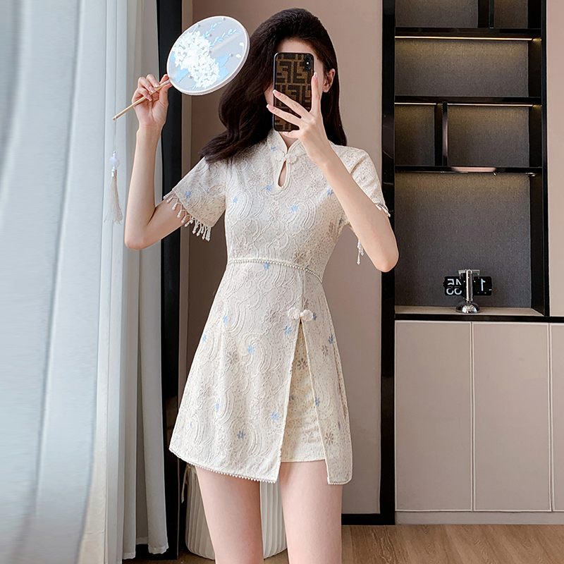 Fashion lace pearl cheongsam summer tassels shorts 2pcs set