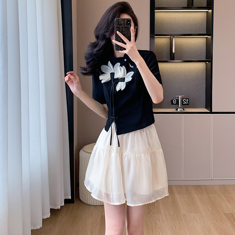 Chinese style cheongsam spring and summer tops 2pcs set