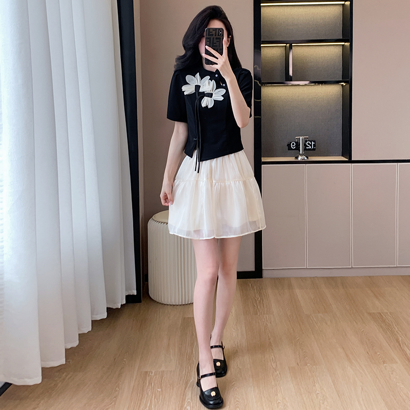 Chinese style cheongsam spring and summer tops 2pcs set
