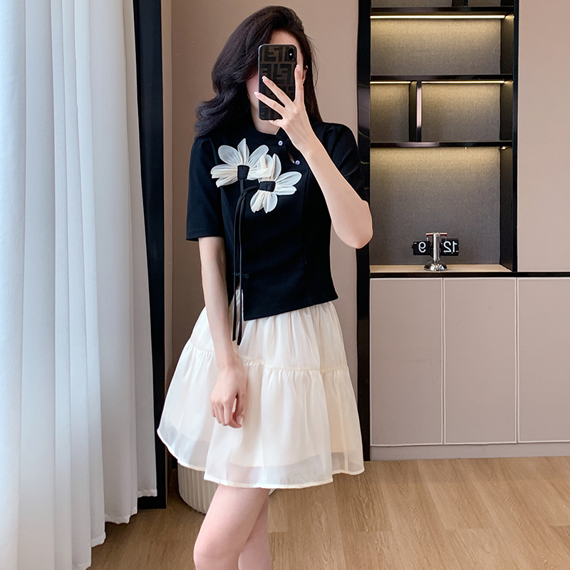 Chinese style cheongsam spring and summer tops 2pcs set