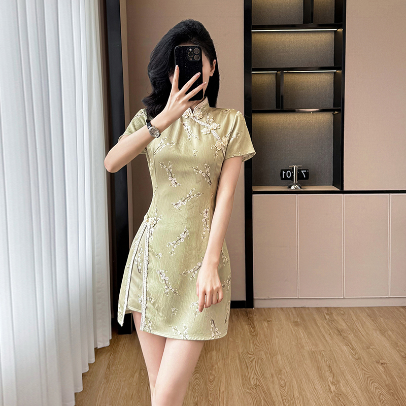 Sweet lace splice dress floral summer cheongsam 2pcs set