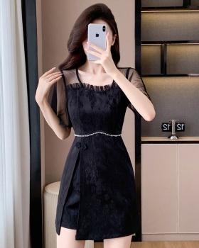 Pearl temperament shorts splice summer dress 2pcs set