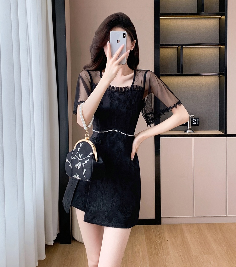 Pearl temperament shorts splice summer dress 2pcs set