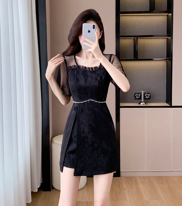 Pearl temperament shorts splice summer dress 2pcs set