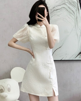Chinese style puff sleeve cheongsam jacquard dress