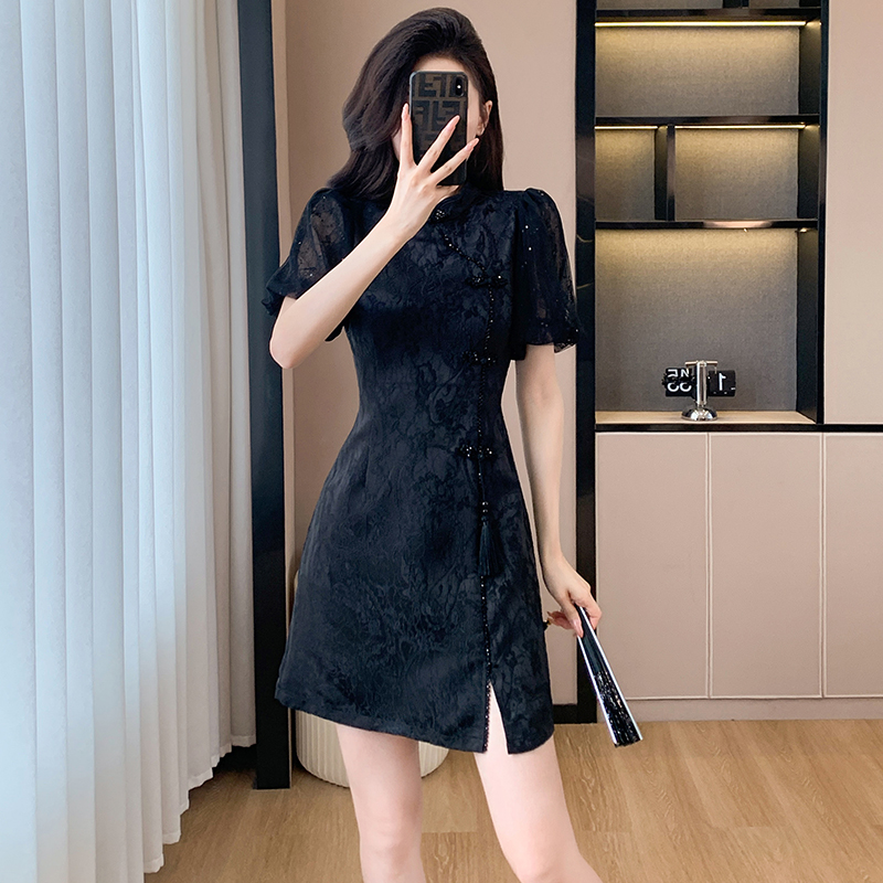 Chinese style puff sleeve cheongsam jacquard dress