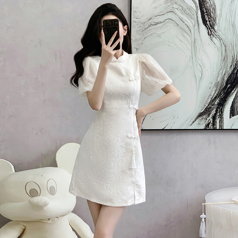 Chinese style puff sleeve cheongsam jacquard dress