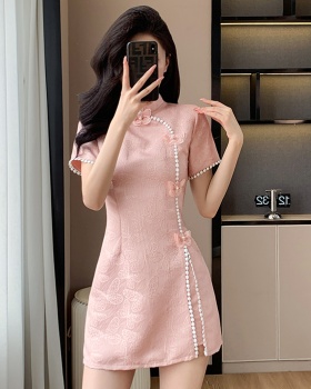 Chinese style splice shorts butterfly cheongsam 2pcs set