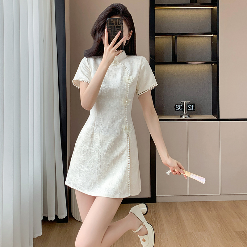 Chinese style splice shorts butterfly cheongsam 2pcs set