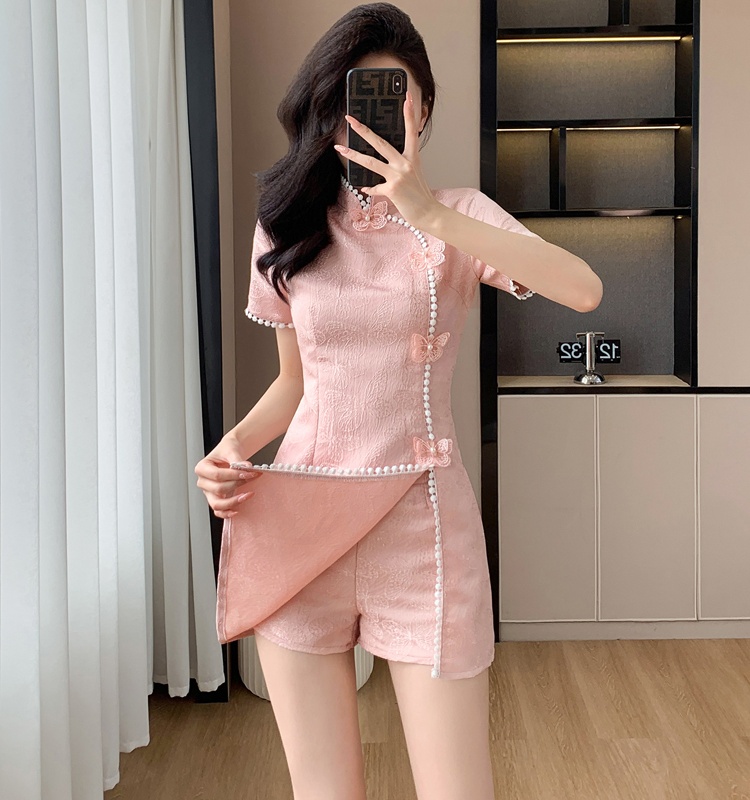 Chinese style splice shorts butterfly cheongsam 2pcs set