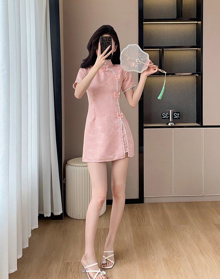 Chinese style splice shorts butterfly cheongsam 2pcs set