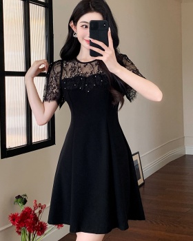 France style round neck splice lace slim summer rhinestone dress