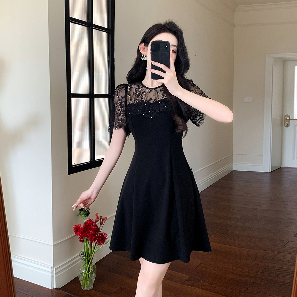 France style round neck splice lace slim summer rhinestone dress