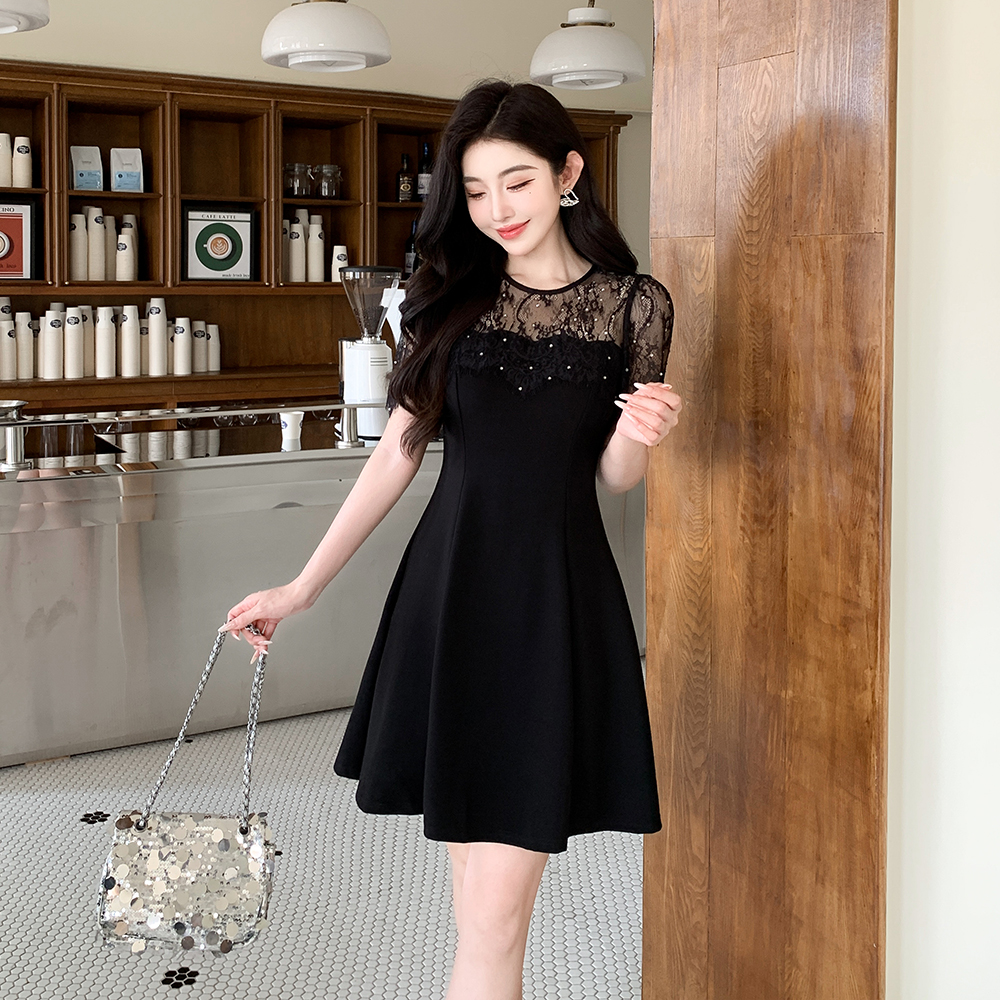 France style round neck splice lace slim summer rhinestone dress