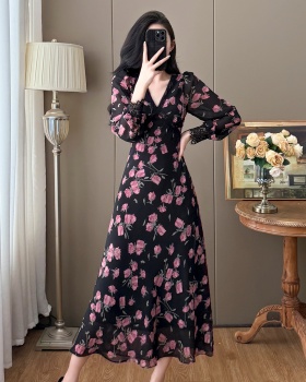 France style temperament large yard V-neck floral dress