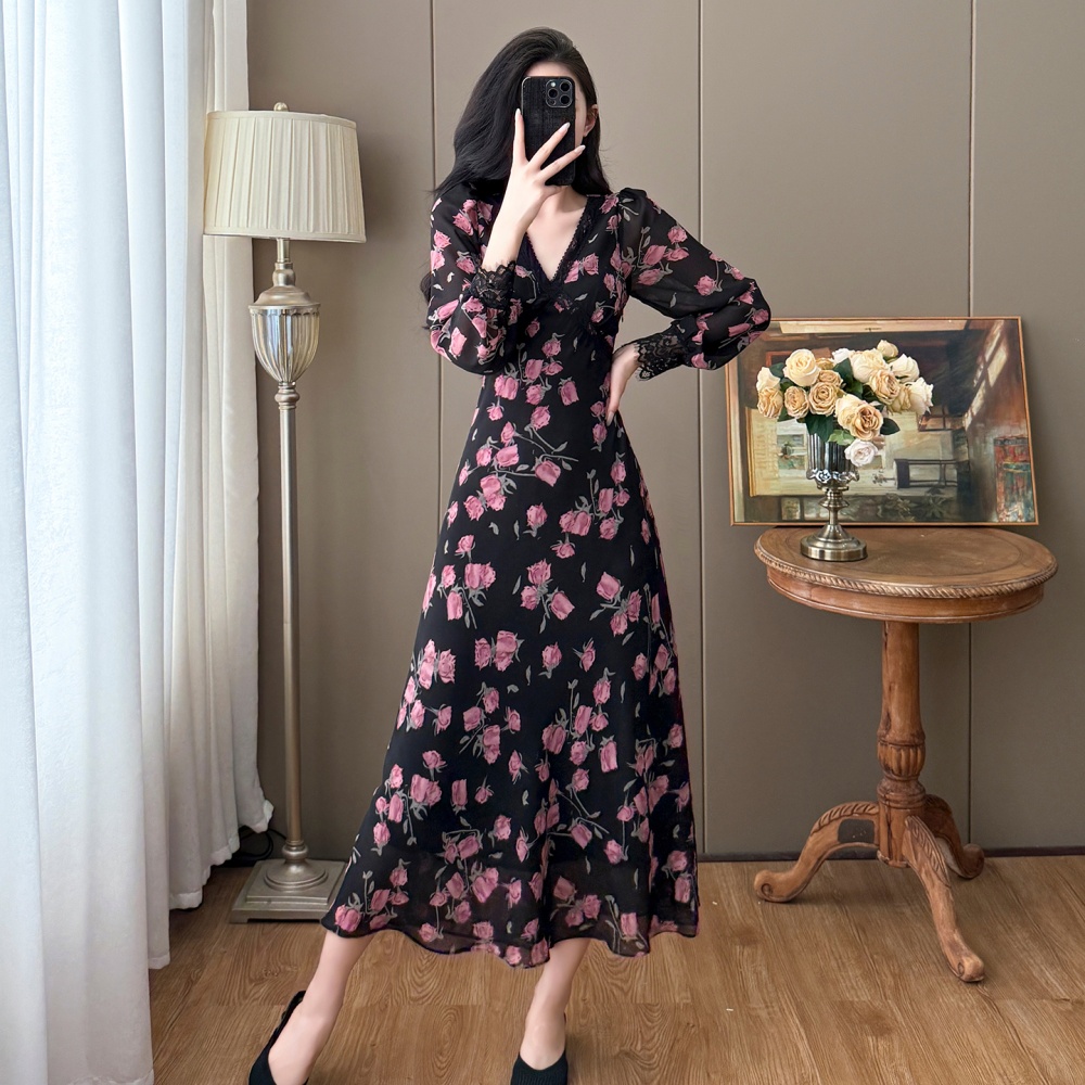 France style temperament large yard V-neck floral dress