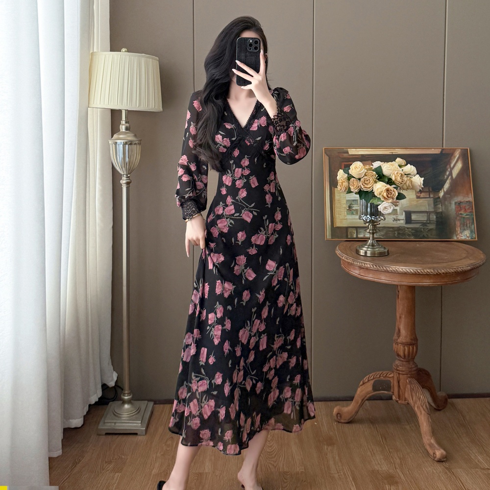 France style temperament large yard V-neck floral dress