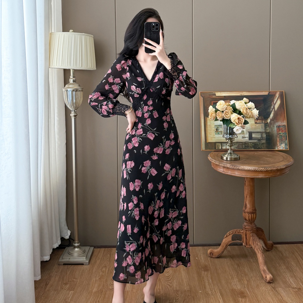 France style temperament large yard V-neck floral dress