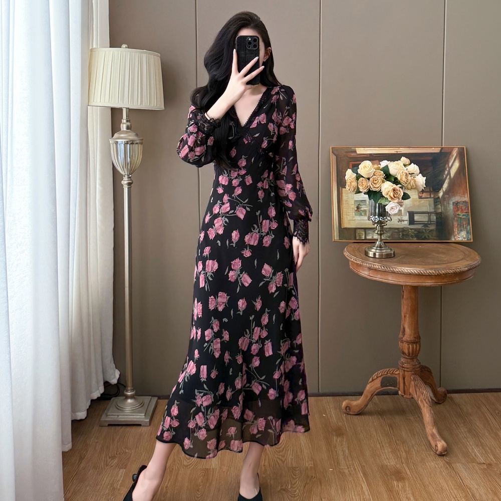 France style temperament large yard V-neck floral dress