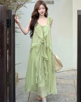 Green long dress boats sleeve dress for women