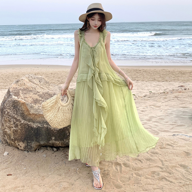 Green long dress boats sleeve dress for women