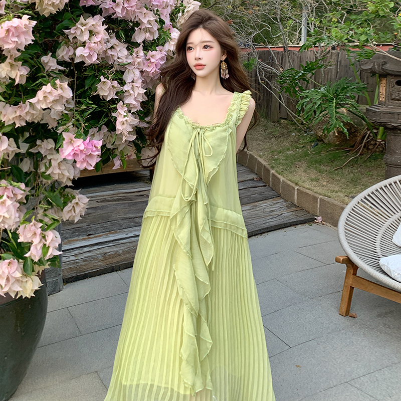 Green long dress boats sleeve dress for women