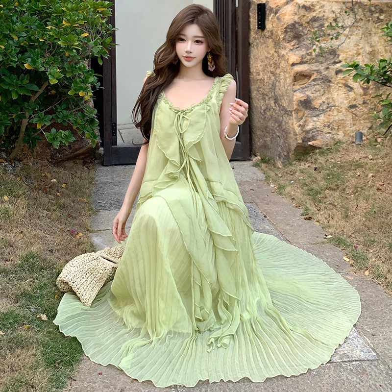 Green long dress boats sleeve dress for women