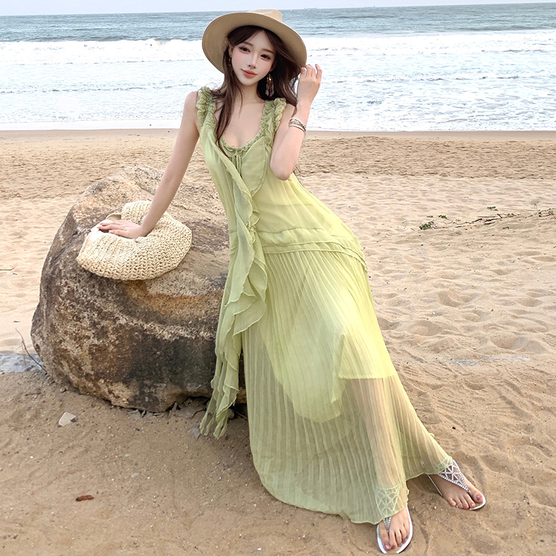 Green long dress boats sleeve dress for women