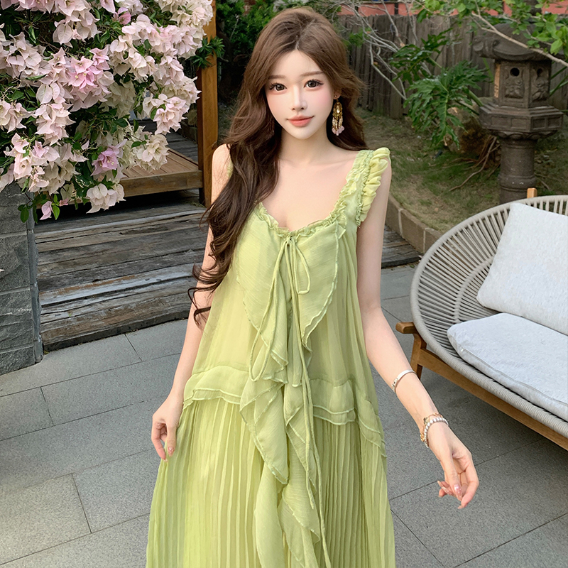 Green long dress boats sleeve dress for women