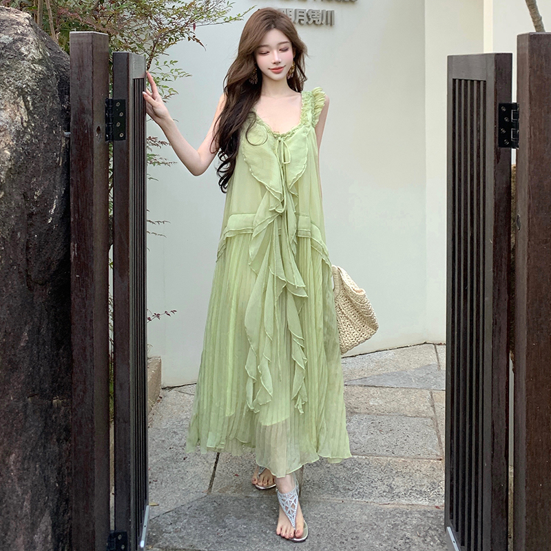 Green long dress boats sleeve dress for women
