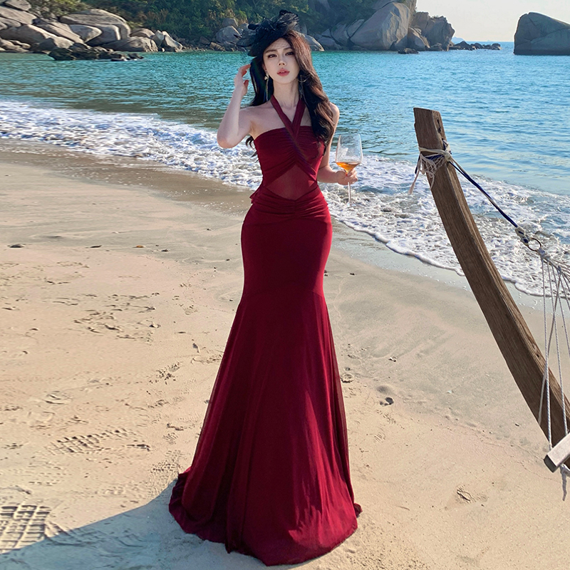 Gauze wrapped chest dress mermaid long dress