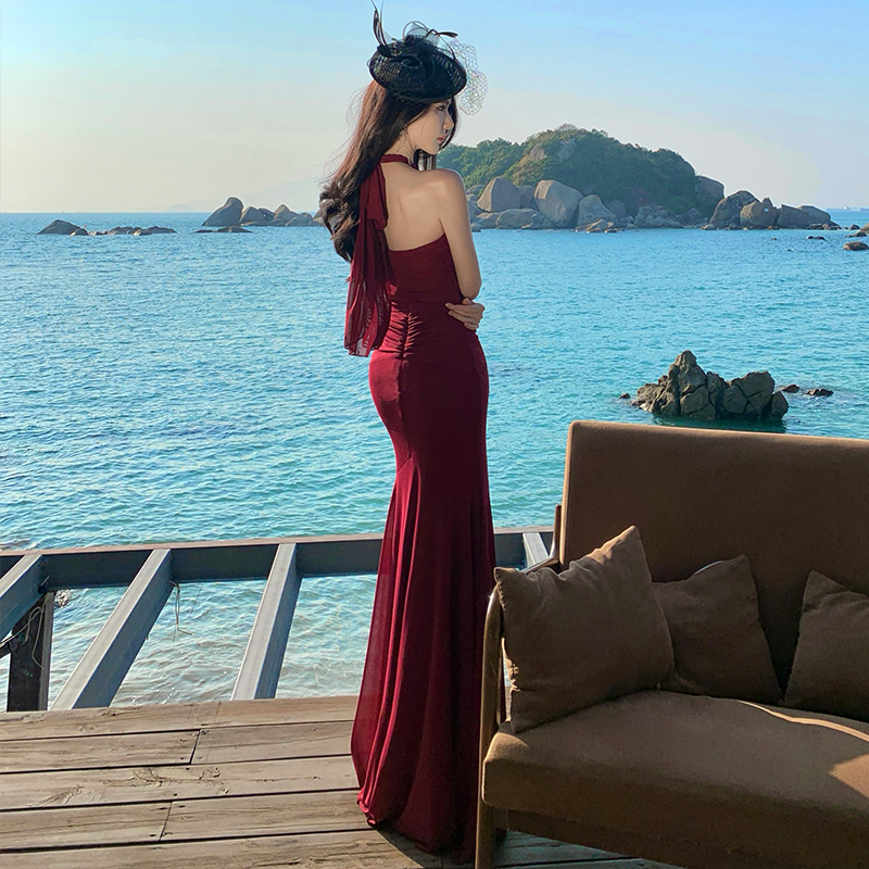 Gauze wrapped chest dress mermaid long dress