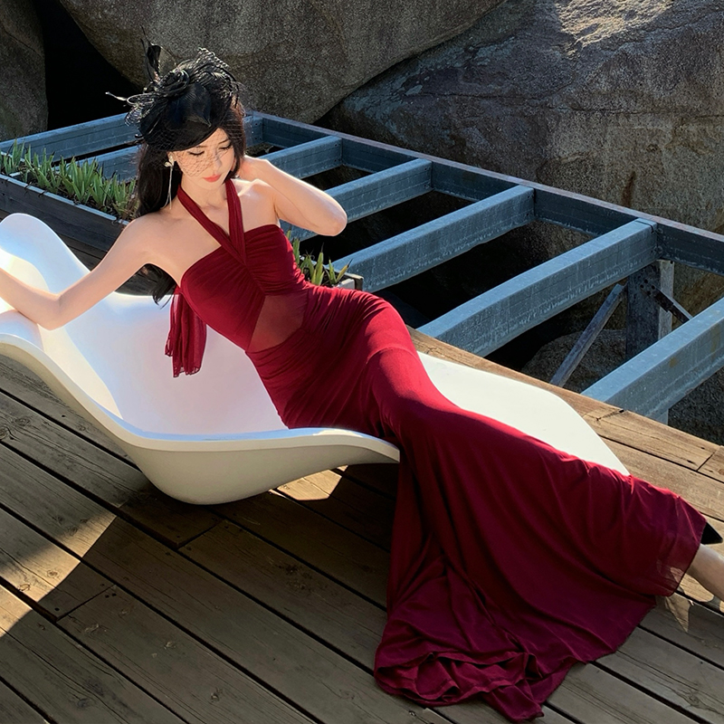 Gauze wrapped chest dress mermaid long dress