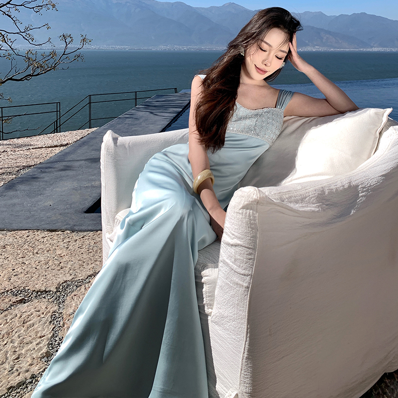 Satin sequins formal dress light luxury banquet dress