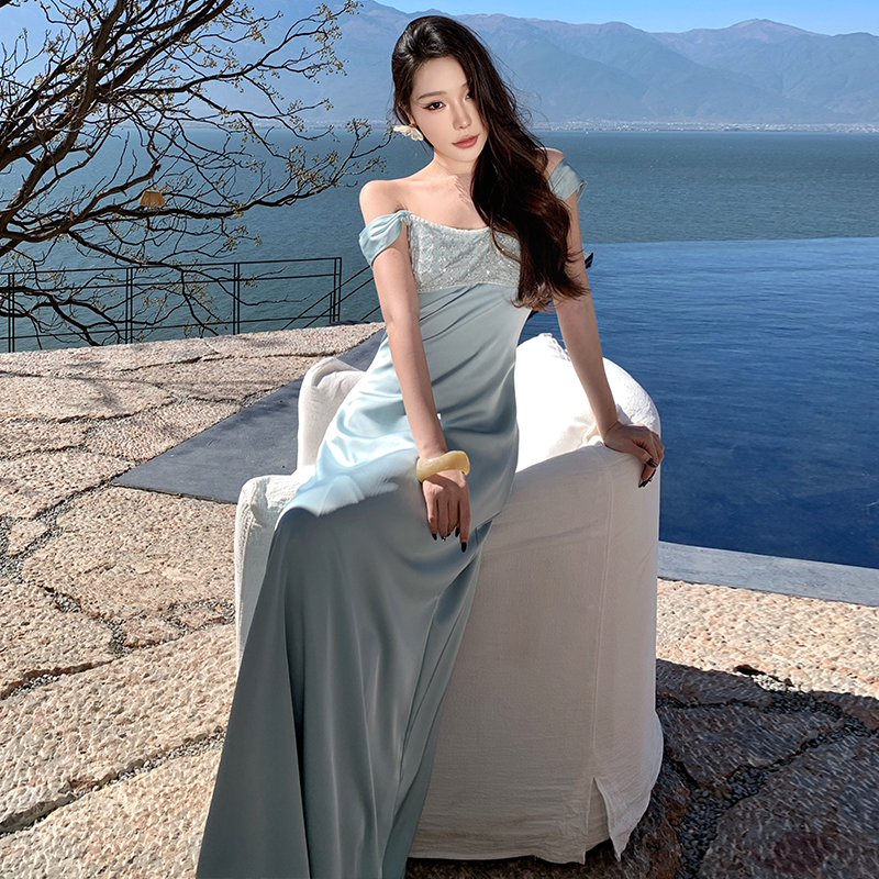 Satin sequins formal dress light luxury banquet dress