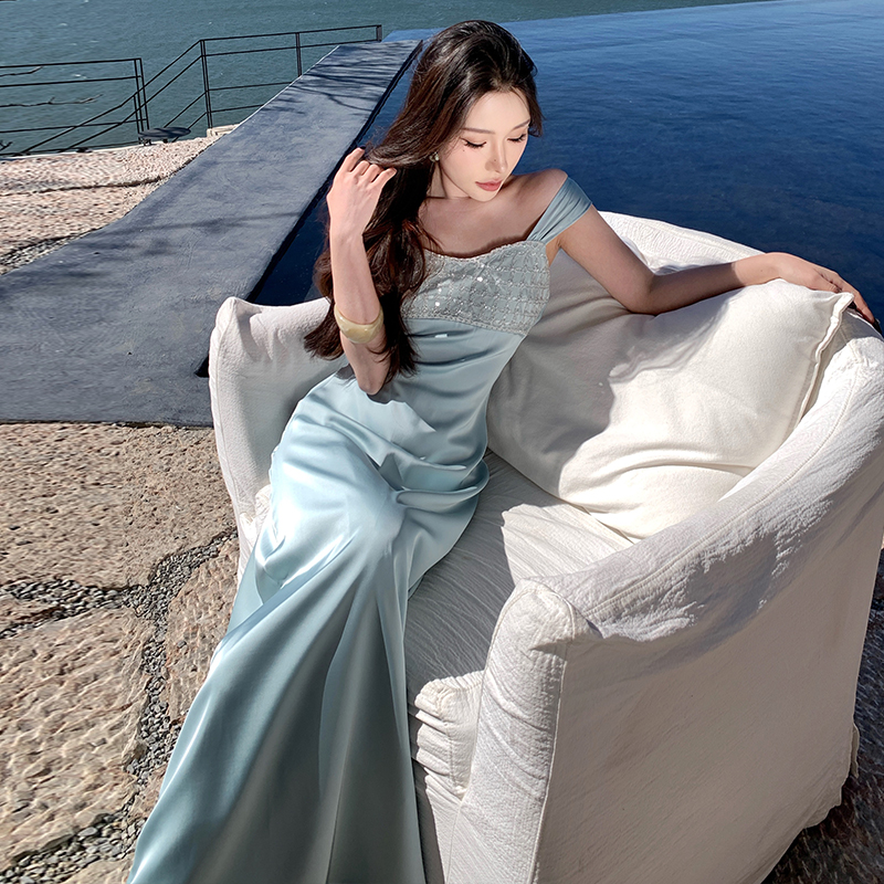 Satin sequins formal dress light luxury banquet dress